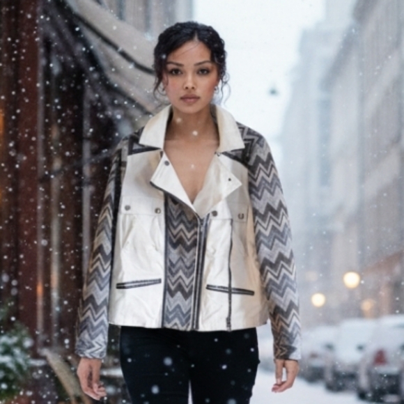 Forever 21 Women's Ivory Gray Chevron Moto Jacket Size Large - Picture 1 of 8